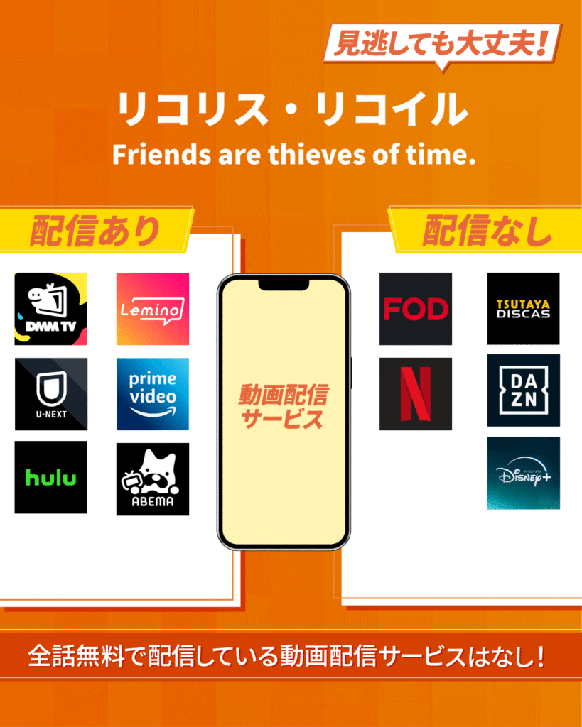 アニメ『リコリス・リコイル Friends are thieves of time.』をフル・見逃し配信しているおすすめ動画配信サービス